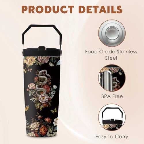 Goth 28oz Tumbler, with Handle Lid Straw, Stainless Steel Sport Cup | 28oz Insulated Tumbler, Flower of Darkness Travel Water Bottle, Thanksgiving Christmas Birthday Gift for Goths Snake Lovers - color: snake