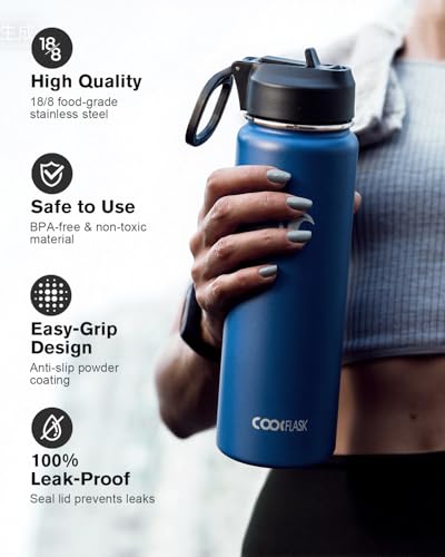 Coolflask 24 oz Insulated Water Bottle with Straw & 3 Leakproof Lids | Water Flask Stainless Steel Triple-Wall Vacuum, Cupholder Friendly, Cold 48+h, Dishwasher Safe, Non-BPA, for Gym & Hiking - color: King's Blue, size: 24 Ounces