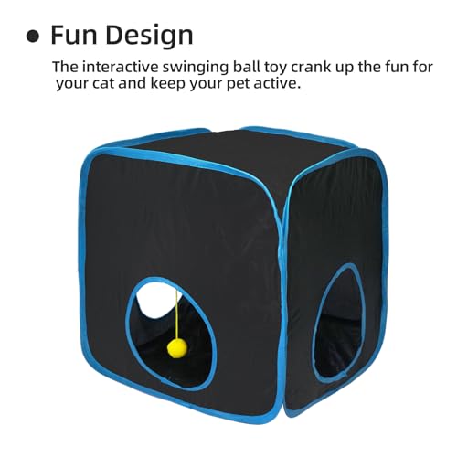 Cat Tunnels for Indoor Cats with Tent Cube and Feather Toy Collapsible Combo, Pop Up Cat Play Tunnel with Interactive Cat Toy Ball for Kitten, Ferret, Puppy, Guinea Pig, Rabbit, Bunny, Blue