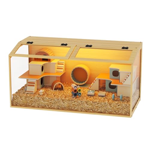 Hamster Cage: 40Inch Wooden Small Animal Cage with Warm Light | Extra Large Clear Hamster House Chewy Proof with Two Openable Breathable Top - size: 39.4"L x 19.7"W x 19.7"H