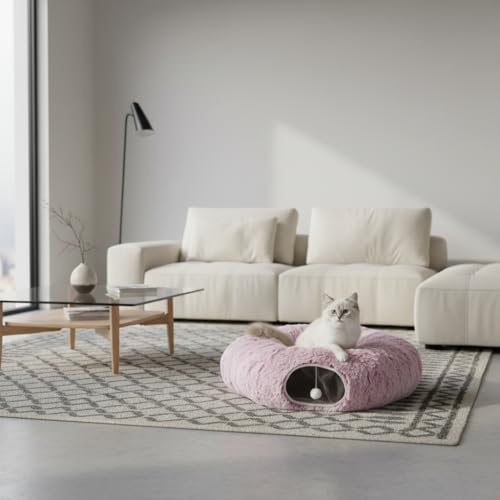 AUOON Plush Cat Tunnel Bed for Indoor Cats, 36"L x 36"W x 11.5"H, Rosiness | 2 in-1 Interactive Cat Toy, with Hanging Ball Toy, Machine Washable Center Pad, for Kitten Puppy Rabbit Ferret - color: Rosiness