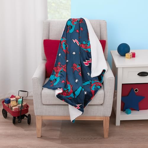 Marvel Spiderman Blue, Red and White Super Soft Sherpa Baby Blanket - color: Spiderman - Blue and Red
