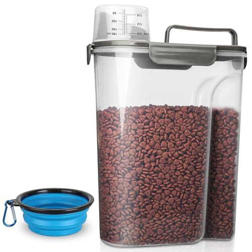 TIOVERY Dog Food Storage Container, 5-7 Lbs Airtight Pet Food Container, Cat Food Container Dispenser Plastic Bin with Pouring Spout, Portable Handle and a Collapsible bowl for Dogs Cats Grey/6Qt - color: Grey 6Qt