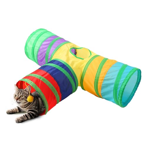 Pet Cat Tunnel, T-3 Way Tunnels for Indoor Cats, Collapsible Pet Tunnel for Kitten, Puppy, Rabbit, 25cm-Wide Tunnels, Durable & Breathable, with Peek Hole Toy Ball - color: T-Junction Tunnel & Rainbow