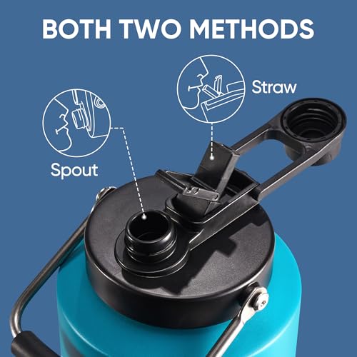 Fijinhom One Gallon Insulated Water Bottle for Travel: 2-in-1 Straw and Spout Lid, Keep Cold 24Hrs, Leakproof, 128oz Water Jug With Handle, Vacuum Stainless Steel for Sports, Hiking, Trip(Black&Blue) - color: Indigo/Black, size: 128 Ounces