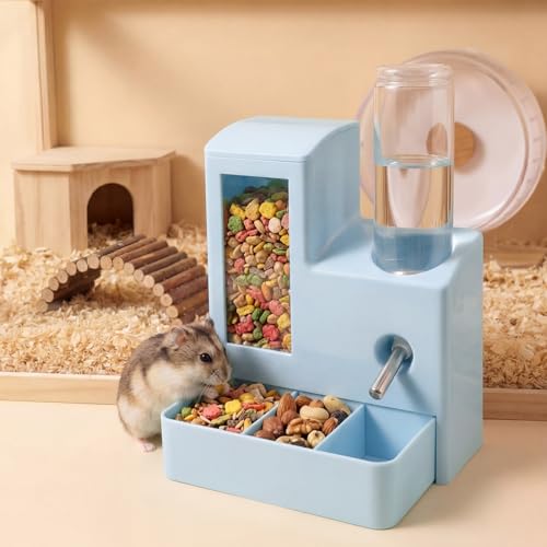 2 in 1 Hamster Water Bottle, No Drip 120ml Hamster Water Bottle, Gravity Hamster Food Bowl with Snack Bowl, Hamster Cage Accessories for Cage for Guinea Pigs
