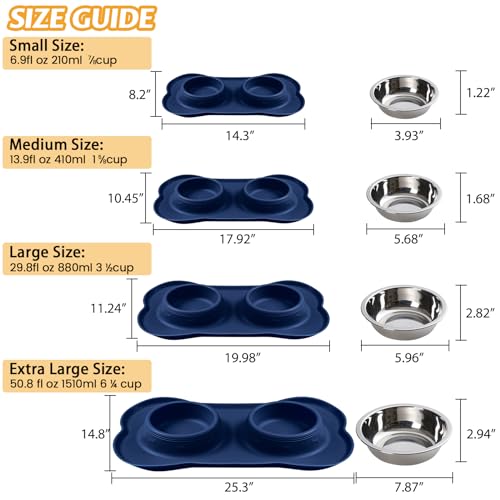 Hubulk Pet Dog Bowls 2 Stainless Steel Dog Bowl with No Spill Non-Skid Silicone Mat + Pet Food Scoop Water and Food Feeder Bowls for Feeding Small Medium Large Dogs Cats Puppies (Small, Navy Blue) - color: Navy Blue, size: Small
