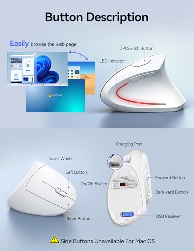 TECKNET Wireless Ergonomic Mouse, Rechargeable Wireless Vertical Mouse | Rechargeable Mouse White, 2.4GHz USB Receiver, Silent Click, 6 Adjustable DPI up to 4800, 6 Buttons for Laptop, PC & MacBook, - color: Light White