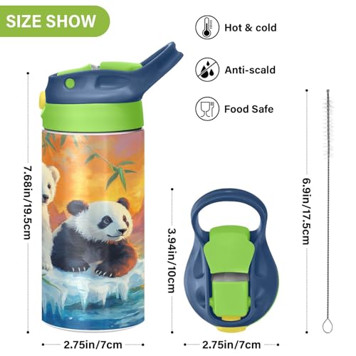 OTVEE Polar Bears Pandas Kids Water Bottle with Straw Lid Insulated Stainless Steel Cup Insulated Tumbler for Boys School 12 oz - color: Polar Bears and Pandas