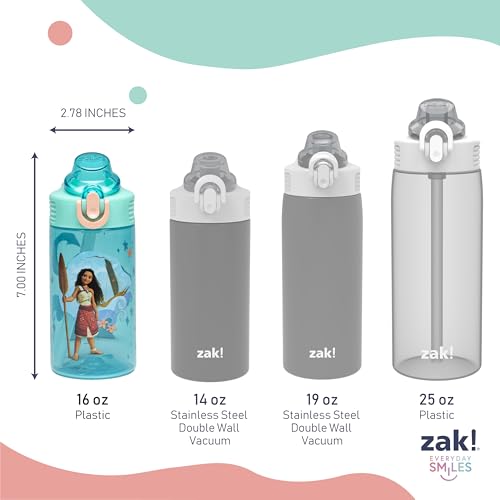 Zak Designs Disney Moana Sage 16oz Leak-Proof Straw Kids Water Bottle | BPA Free, Durable Plastic, Cupholder Friendly, Dishwasher Safe, Easy to Clean, Lid Lock, Handle, For School, Home, Travel - color: Disney Moana (Moana, Maui), size: 16 Ounces