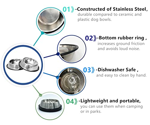 2 Pack Stainless Steel Dog Bowls with Rubber Bottom,Anti-Slip Heavy Duty Premium Quality Pets Feeder Bowls for Dogs and Cats and More (¾Cup / 6oz)