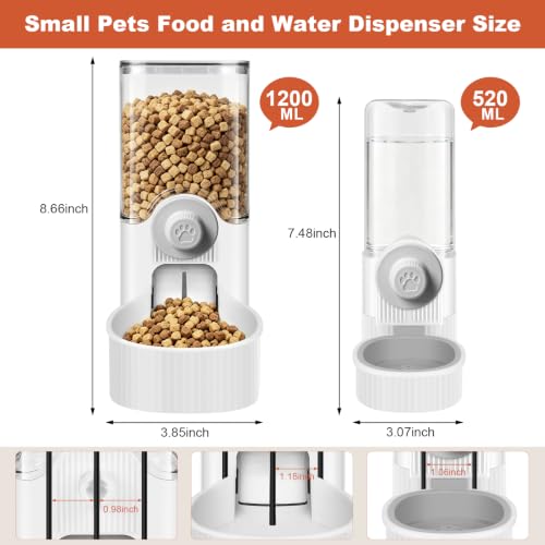 Hanging Cage Auto Small Pet Feeder Waterer Set for Puppy Cats, White | 1.2L Self-Feeding Feeder, 0.52L Waterer Set, Non-Spill Auto Gravity Kennel Feeding Station For Puppy Cats Rabbit Ferret - color: Pure White