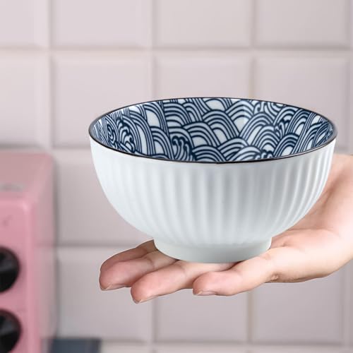 10 oz Small Ceramic Bowls Set of 6, 4.5 Inch Japanese Blue and White Bowls for Ice Cream, Rice, Dessert, Snack, Dipping, Microwave and Dishwasher Safe - Wave Pattern - size: Wave Pattern