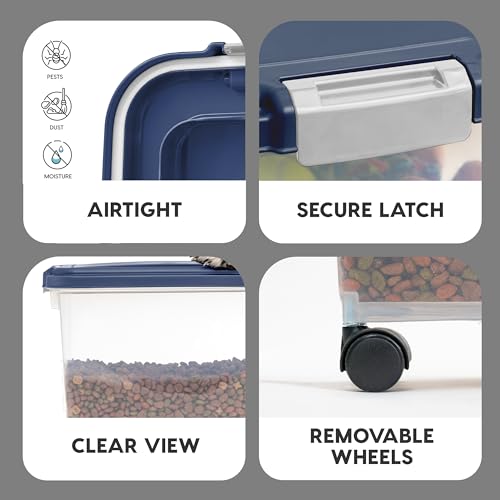 IRIS USA Dog Food Storage Container, Up to 30+11 lbs, Navy, Made in USA | Wheels for Mobility, Airtight Seal, BPA-Free, Best for Bird Seed, Cat food, Cat Litter, Chicken Feed, Pellets