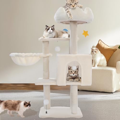 Cat Tree Tower with Hammock,40"Cat Trees for Indoor Cats Large Adult(White) | Modern Cat Tree Tower with Scratching Post, Cats Condo Furniture with Cloud Top Perch, Cats Climbing Tower for Kittens - color: White