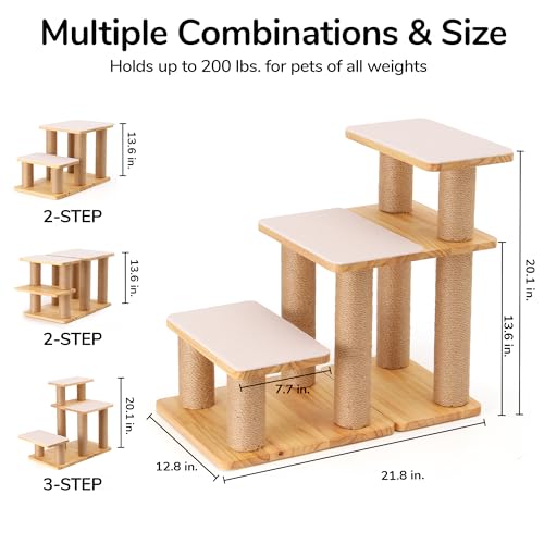 FUKUMARU Dog Stairs, Solid Wood Pet Stairs with Cat Scratching Post | Transformable Cat Step Hold Up to 200 lbs, 20" Pet Ramp for Dogs and Cats to Climb High Bed and Couch, Over 6 Combinations - color: Beige