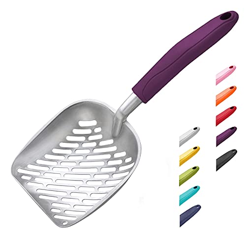Cat Litter Scoop, Aluminum Alloy Sifter, Kitty Metal Scooper, Deep Shovel with Diagonal Sifting Hole, Long Handle, Kitten Poop Lifter for Litter Box, Medium Size, Violet Handle - color: #07 Violet, size: Medium