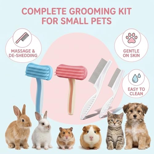 4pcs Bunny Brush Set, Rabbit Brush, Professional Bunny Grooming Tools for Rabbit Care, Pet Hair Maintenance for Shedding Season & Bath Time, in Pink, Blue and White Color