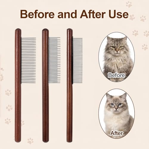 3Pcs Solid Wood Cat Combs, Dog Cat Grooming Comb with Wooden Handle | Stainless Steel Teeth, Pet Grooming Supplies Accessories for Hairy Pets