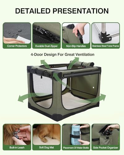 Veraste 33" L x 25" W x 25" H Collapsible Travel Dog Crate, Portable Soft Dog Kennel for Medium Large Dogs up to 60 lbs, 4-Door Foldable Travel Crate with Durable Mesh & Storage BagGreen | 4-Door Foldable Travel Crate,breathable mesh, foldable with storag