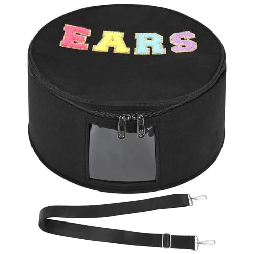 OMISTAR Bow Mouse Ears Travel Bag, Theme Park Headband Carry Case with Top Handle & Shoulder Strap, Round Black Travel Shoulder Bag, Felt Cosmetic Organizer with Clear Window
