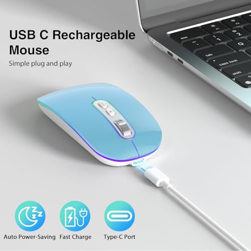 cimetech Rechargeable Wireless Mouse, Dual Mode Mouse-Blue | 2.4G & BT Slim Mouse for MacBook,Silent Click, LED, 1600 DPI for Office Travel Mac Air Pro/PC/Laptop/Computer - color: Blue