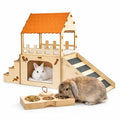 Deluxe Extra Large Wooden Rabbit Castle with Feeding Station, 2-Story Spacious Bunny Hideout House, Easy Assembly Indoor Habitat for Rabbits, Guinea Pigs and Chinchillas