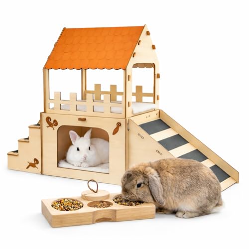 Deluxe Extra Large Wooden Rabbit Castle with Feeding Station, 2-Story Spacious Bunny Hideout House, Easy Assembly Indoor Habitat for Rabbits, Guinea Pigs and Chinchillas