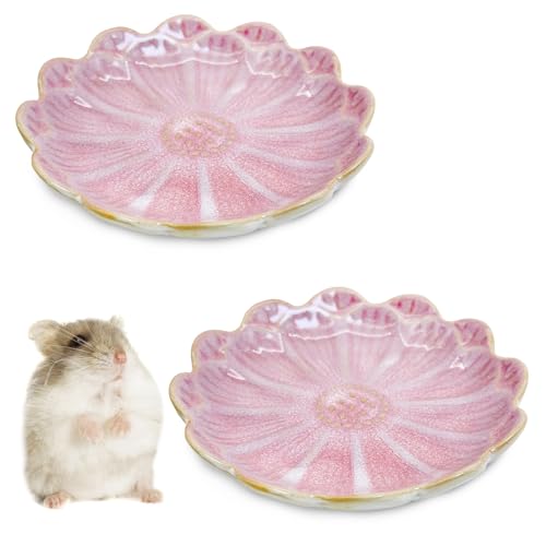BNOSDM Shallow Ceramic Hamster Food Dish 2 Pcs Small Animals Food Bowl Sunflower Feeding Dishes for Gerbils Mice Rats 4.5in (Pink) - color: Pink Sunflower