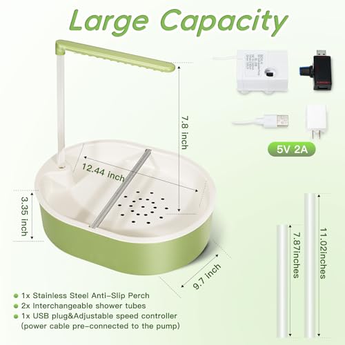 Parakeet Bird Bath - Parrot Shower for Budgie Cockatiel Lovebird and Conure | Stainless Perch, Adjustable Water Flow Fountain, Automatic, Large Parrot Shower, Indoor