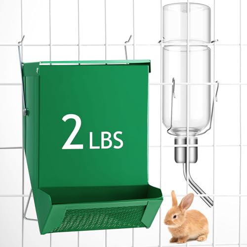 2 Pack Rabbit Feeder and 12 oz Water Bottle for Cages Pet Food Water Dispenser with Lid Metal Feeders Outside for Guinea Pig Hamsters Chinchillas Gerbils and Other Small Animals(2 Lbs)