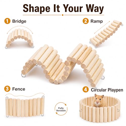 Hamster Platform, 4-Piece Set with Hamster Tunnel, Climbing Toys and Fence | Wooden Hamster Cage Accessories, Climbing Play, Hideout Tunnel, Bendable Fence, for Syrian Dwarf Hamsters, Gerbils and Mice