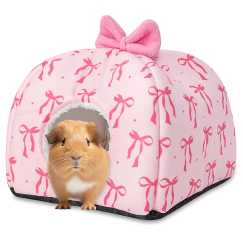 JarThenaAMCS Washable Guinea Pig House Bed Pink Bow Bunny Hideout Cage Accessories Reusable Hideaway for Ferret Hedgehog Small Animal, 9.5 x 9.5 x 8 Inch