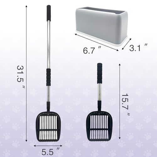 PINVNBY Cat Litter Scooper, Long Handle Litter Sifter Scoop with Litter Scoop Holder Stainless Steel Kitten Scooper Deep Kitty Litter Scooper with Box Metal Detachable Sifting Litter Shovel Set - color: Black