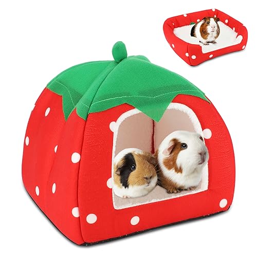 BWOGUE Guinea Pig Bed Hideout, Washable Hamster Cave for Small Animals | Removable Cushion for Cleaning, Warm Fleece Nest, Washable Bed, 10 x 9.8 x 9 in, Dwarf Rabbits Hedgehogs - color: Strawberry Red