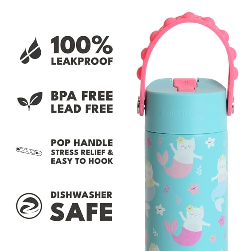 Elemental Insulated Kids Water Bottle, Stainless Steel Water Bottle with Straw Lid & Pop-It Handle, Leak-Proof Water Bottles for School, Boys or Girls, Travelling and Sports, 18oz - Meowmaid - color: Meowmaid