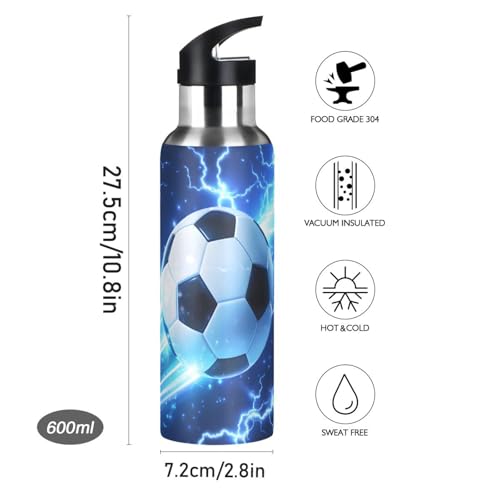 Soccer Water Bottle 20 oz, Blue Lightning Boys Sports Water Bottle, Insulated Vacuum Stainless Steel Mug with Straw Lid & Handle - color: B01