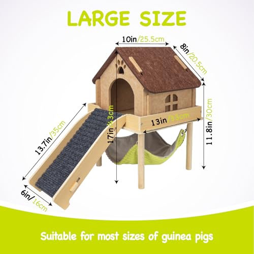BESNEW 3 in 1 Enlarged Guinea Pig Hammock,Wooden Guinea Pig Hideout with House & Platform & Stairs Small Animal Toys for Hiding Sleeping Activities - color: Brown Roof