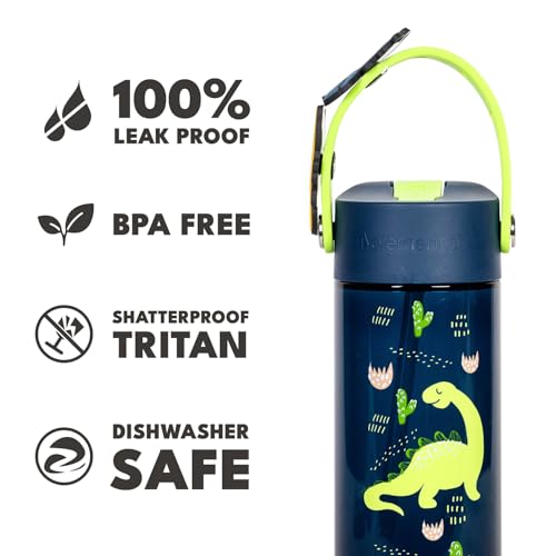 Elemental Water Bottles for Kids - Splash Kids Water Bottle for School with Fun Charm Handle - BPA Free Tritan Plastic Bottle with Straw Leak Proof When Spout is Closed - 18oz - Dinosaur Friends - color: Dinosaur Friends