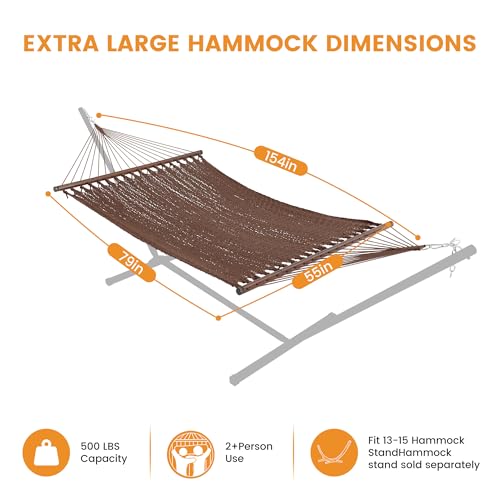 Lazy Daze XL Handwoven Caribbean Rope Hammock, 2+ Person Hammock | 13FT Polyester Outdoor Hammock with Spreader Bars & Straps & Carabiners, 500lbs Capacity for Outside, Patio, Brown - color: Brown