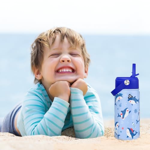 Shark Kids Water Bottle With Straw Lid 12oz Insulated Stainless Steel, Travel Tumbler, Gifts For Boys Girls, Birthday, Christmas, Back To School - color: Shark 1