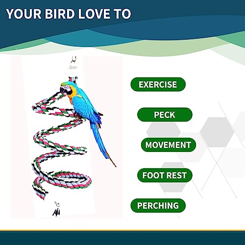 65 inch Length Colorful Cotton Bendable Rope Perch Swing Bird Chew Toys Amazon Parrots Cage Toys with Bell Swing Climbing Standing Bungee Bird Toys for Large to Regular Birds - size: 65'x1pc