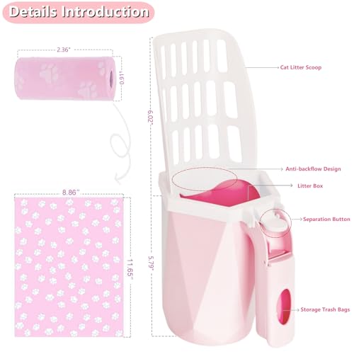 Cat Litter Scooper with Holder, 150 Poop Bags & Built-in Storage Box, Pink | One-Touch Detach, Integrated Design, Quick-Change Bag, Multi-Size Holes, One-Hand Operation, Large Capacity Trash Can