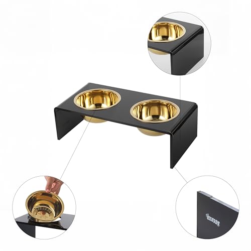 DBL2000B Keaton 5" Small/Medium Modern Lucite Rectangular Elevated Pet Feeder with 20oz 2-Stainless Steel Bowls, Black/Gold - color: Black/Gold, size: 20 Ounces (5" Cups 2-Pack)