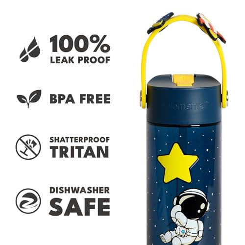 Elemental Water Bottles for Kids - Splash Kids Water Bottle for School with Fun Charm Handle - BPA Free Tritan Plastic Bottle with Straw Leak Proof When Spout is Closed - 18oz - Little Astronaut - color: Little Astronaut