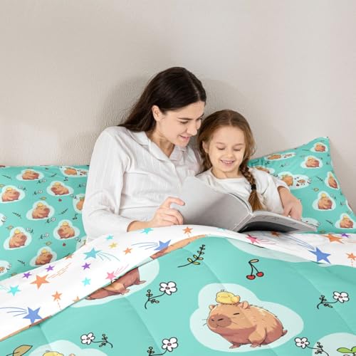 Erosebridal Capybara Floral Queen Duvet Insert, Kids Cartoon Comforter Set, Girls Kawaii Rodent Animals Bedding Set, Gifts for Capybara Lovers, Cute Flower Branches Duvet Sets, Teal - color: Multi 10, size: Queen