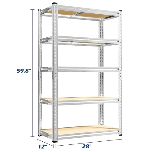 REIBII Storage Shelves,5-Tier Adjustable Waterproof Storage Rack for Pantry | Metal Garage Shelving,Rust-Resistant Build,Tool-Free,For Kitchen Closet Galvanized,12"D x 28"W x 59.8"H,2020LBS,Sliver - size: 28"W x 12"D x 59.8"H