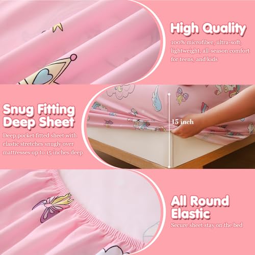 Full Sheet Set for Girls Pink Unicorn Rainbow Themed Kids Bed Sheet | 4 Piece Soft Breathable Printed Microfiber Bed Sheet for Kids Room, 15-inch Deep Pocket Fitted Sheet and Pillowcase Set - color: Unicorn, size: Full