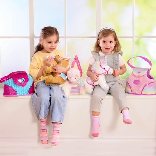 Pucci Pups Plush Llama Pet with Striped Carrier Bag, Comb & Bottle | 4-piece plush pet set with 1 llama, 1 striped carrier bag, 1 bottle, and 1 comb for pretend care and take-along, 2+ Years - style: Llama - Stripe Bag