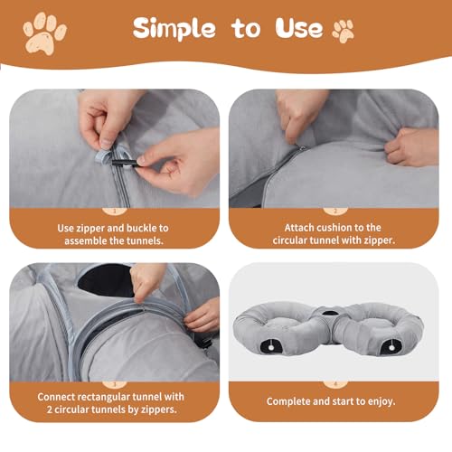 Pawaboo 2-in-1 Cat Tunnel Bed, 8-Shaped Cat Tunnels, Grey | Foldable Cats Cave Hideout Kitty Toys with Fluffy Balls, Donut Tunnel for Kitten Rabbit Ferret - color: Gray, size: 68.9 x 31.5 x 11.8in